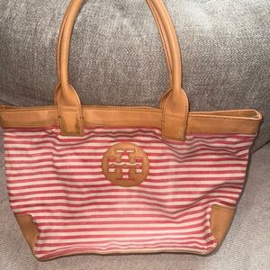 Tory Burch Red and Tan Striped Tote Bag